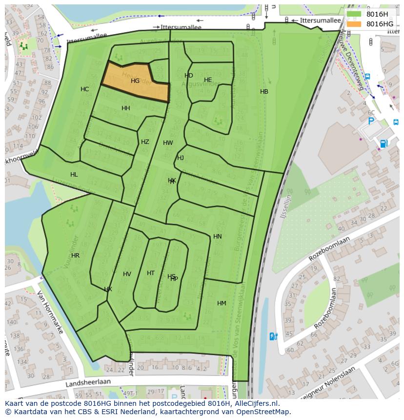 Afbeelding van het postcodegebied 8016 HG op de kaart.