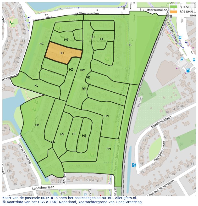 Afbeelding van het postcodegebied 8016 HH op de kaart.