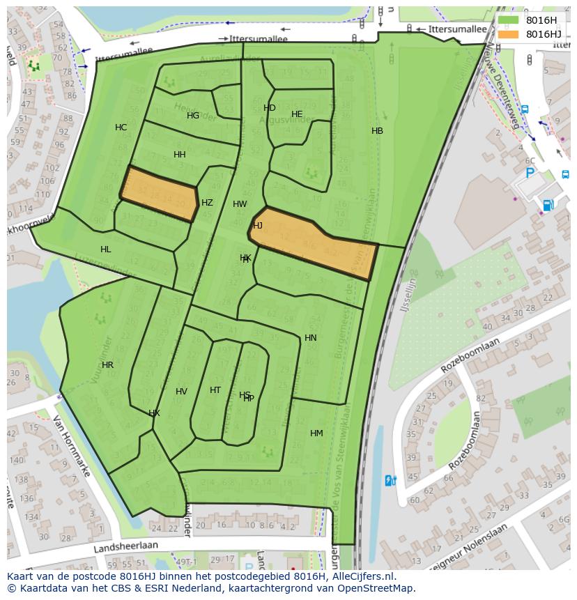 Afbeelding van het postcodegebied 8016 HJ op de kaart.