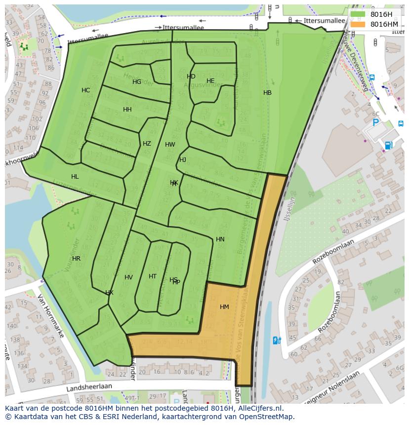 Afbeelding van het postcodegebied 8016 HM op de kaart.