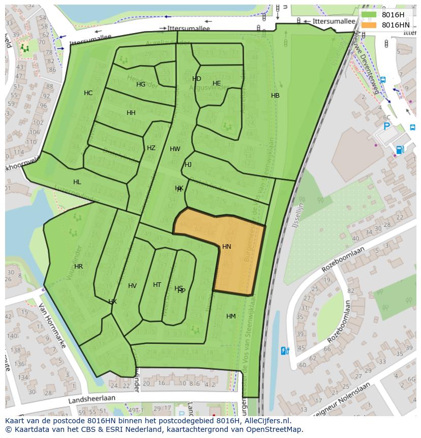 Afbeelding van het postcodegebied 8016 HN op de kaart.