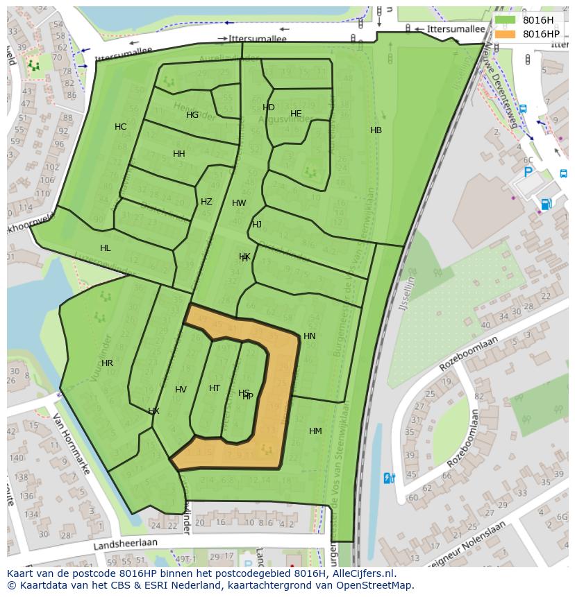 Afbeelding van het postcodegebied 8016 HP op de kaart.