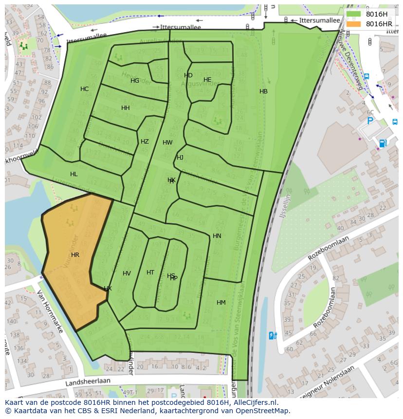 Afbeelding van het postcodegebied 8016 HR op de kaart.