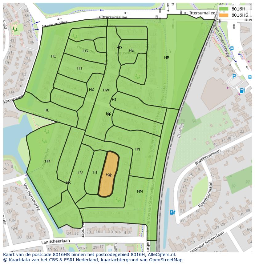 Afbeelding van het postcodegebied 8016 HS op de kaart.