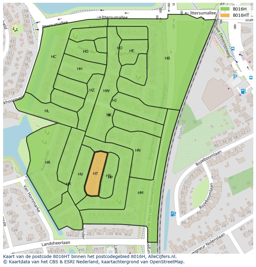 Afbeelding van het postcodegebied 8016 HT op de kaart.