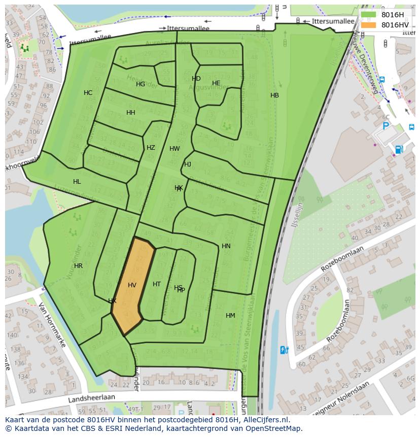 Afbeelding van het postcodegebied 8016 HV op de kaart.