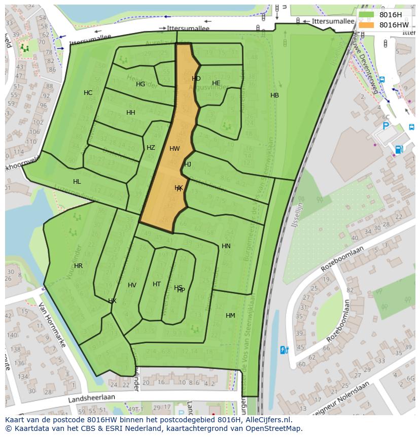 Afbeelding van het postcodegebied 8016 HW op de kaart.