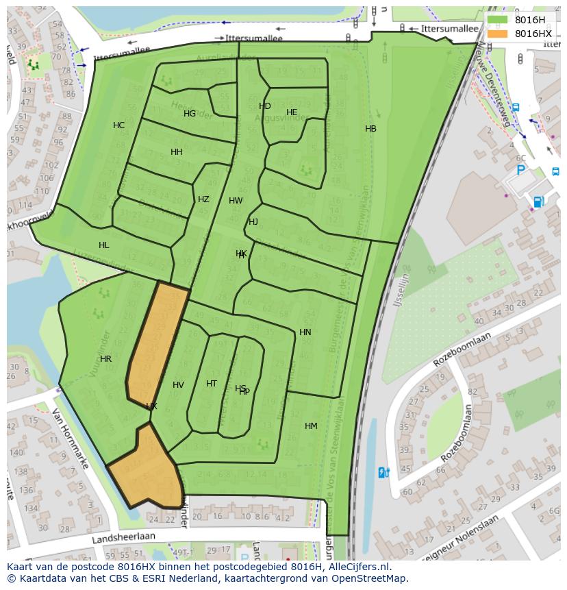 Afbeelding van het postcodegebied 8016 HX op de kaart.