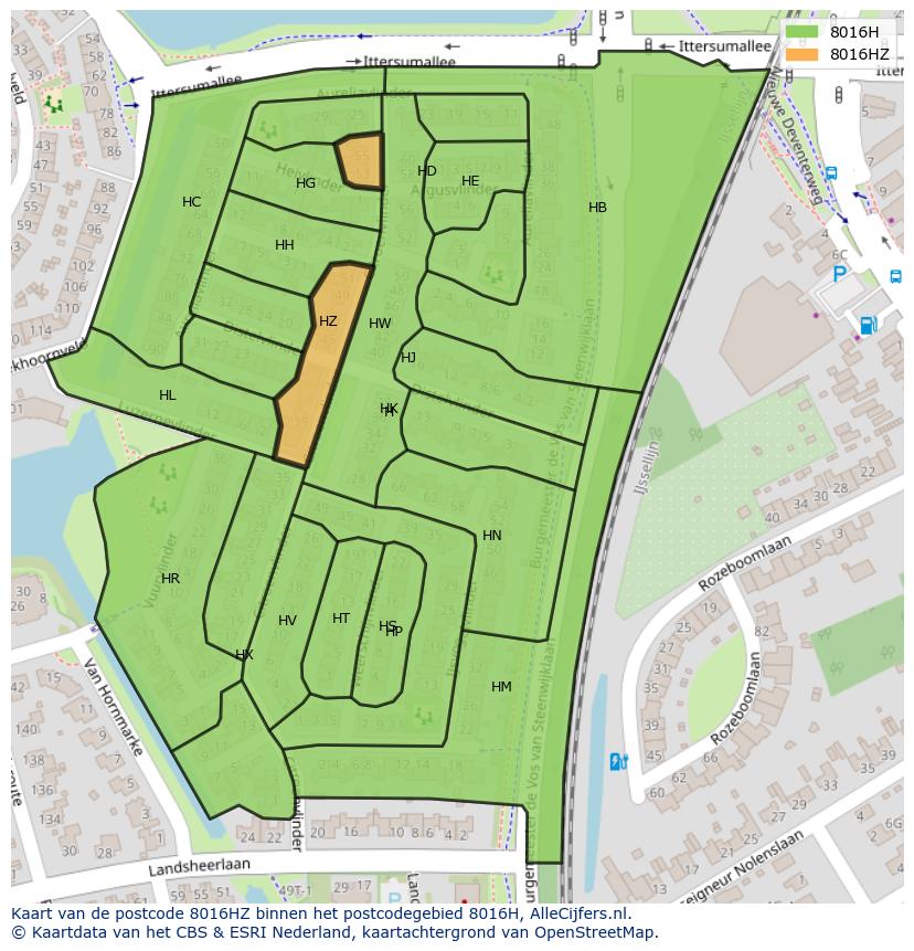 Afbeelding van het postcodegebied 8016 HZ op de kaart.
