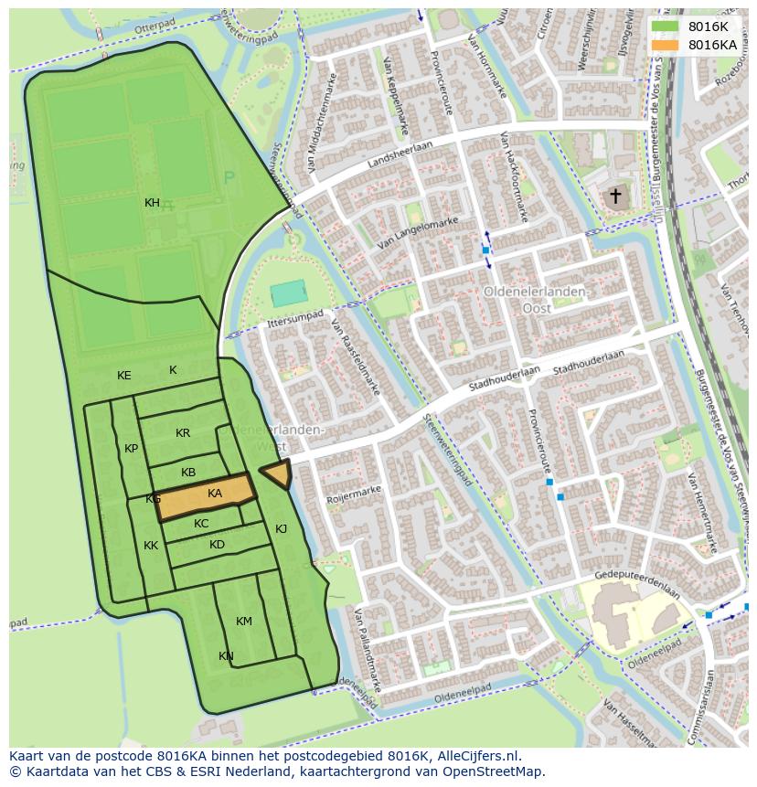 Afbeelding van het postcodegebied 8016 KA op de kaart.