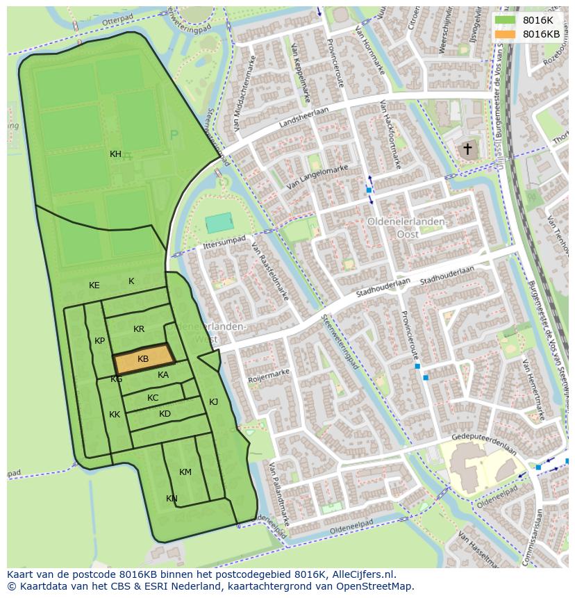 Afbeelding van het postcodegebied 8016 KB op de kaart.