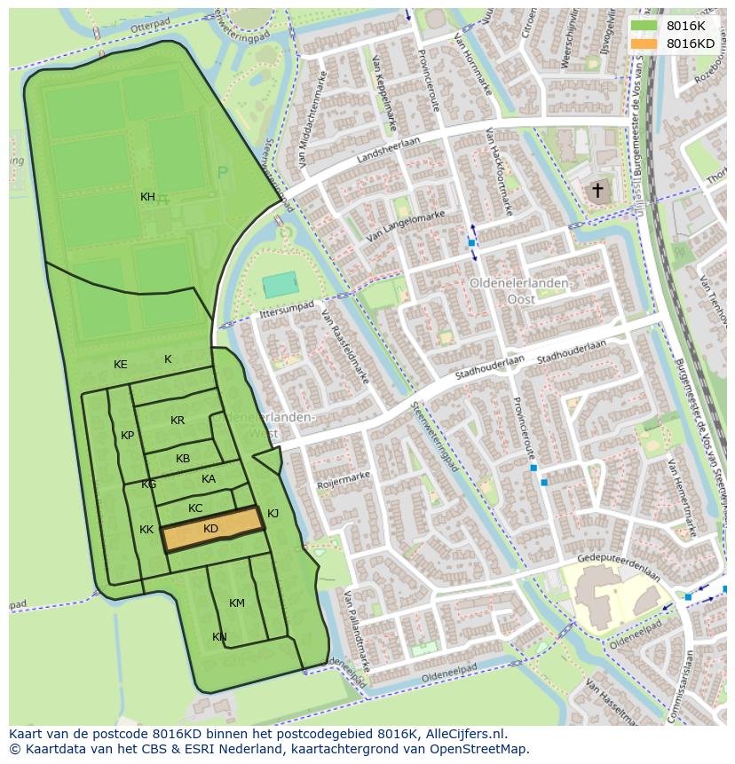 Afbeelding van het postcodegebied 8016 KD op de kaart.