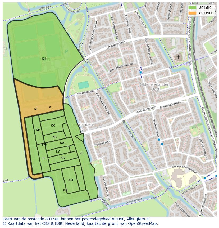 Afbeelding van het postcodegebied 8016 KE op de kaart.