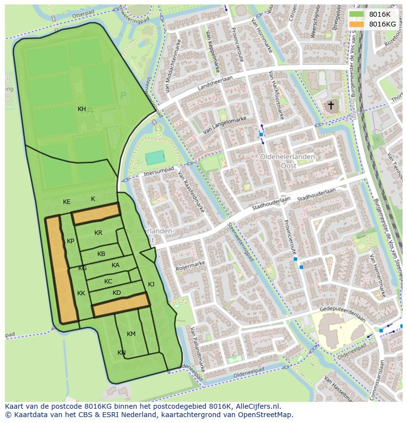 Afbeelding van het postcodegebied 8016 KG op de kaart.