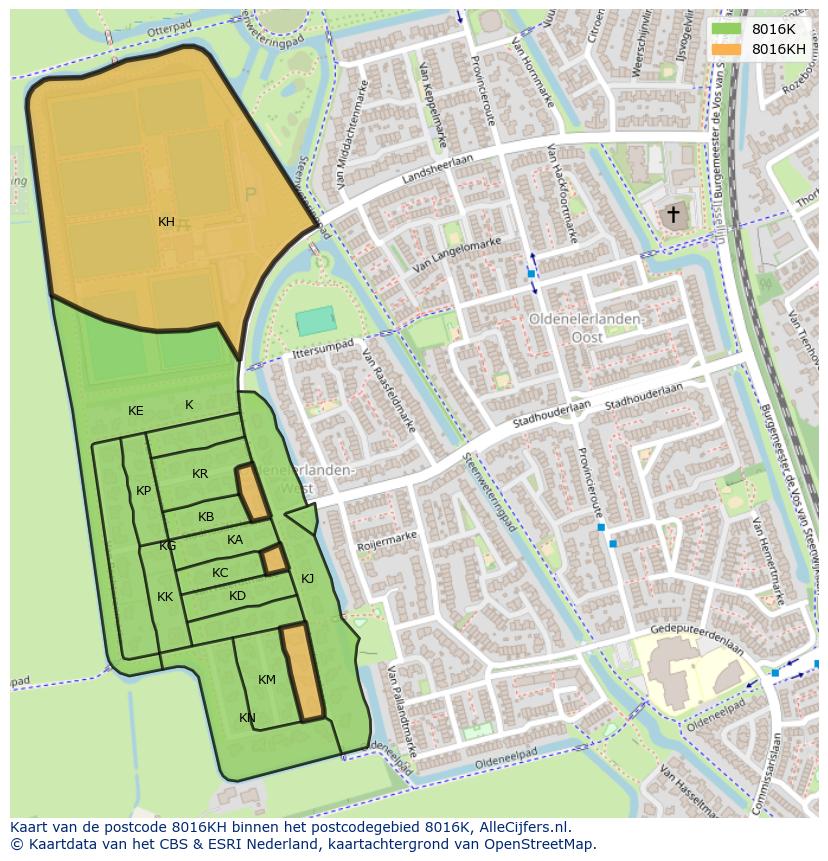 Afbeelding van het postcodegebied 8016 KH op de kaart.