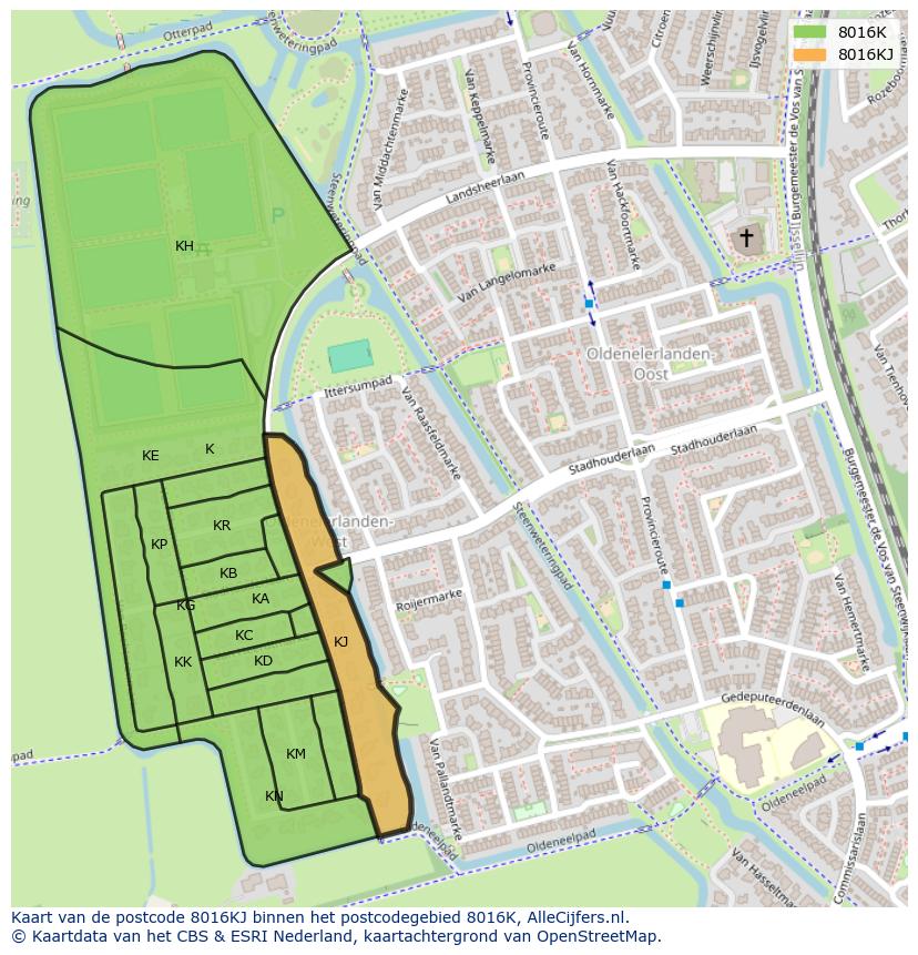 Afbeelding van het postcodegebied 8016 KJ op de kaart.