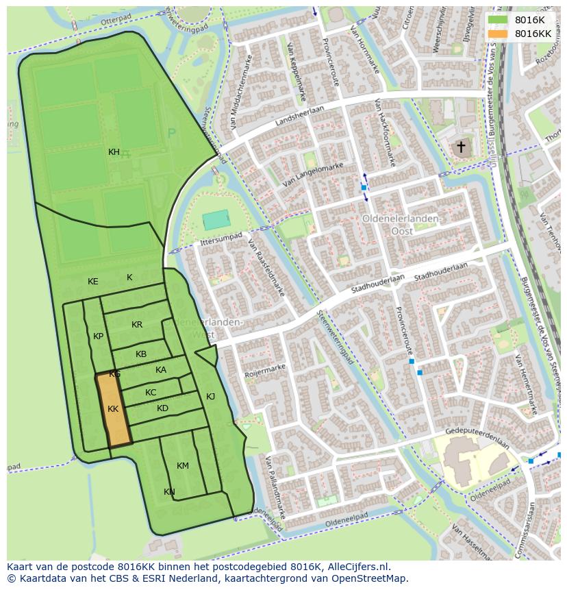 Afbeelding van het postcodegebied 8016 KK op de kaart.