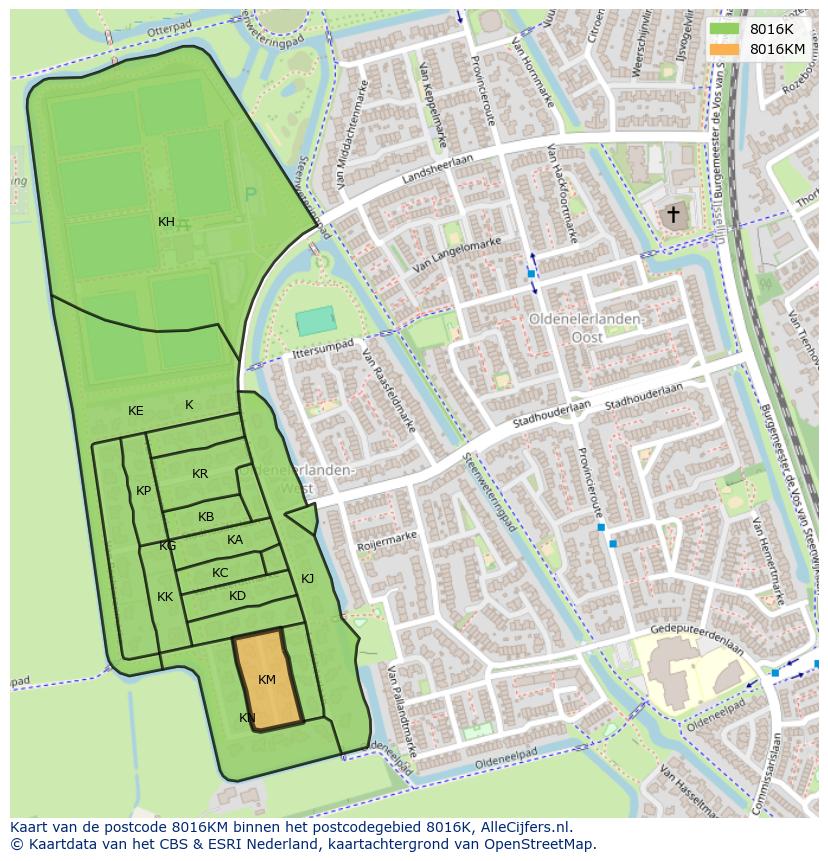 Afbeelding van het postcodegebied 8016 KM op de kaart.
