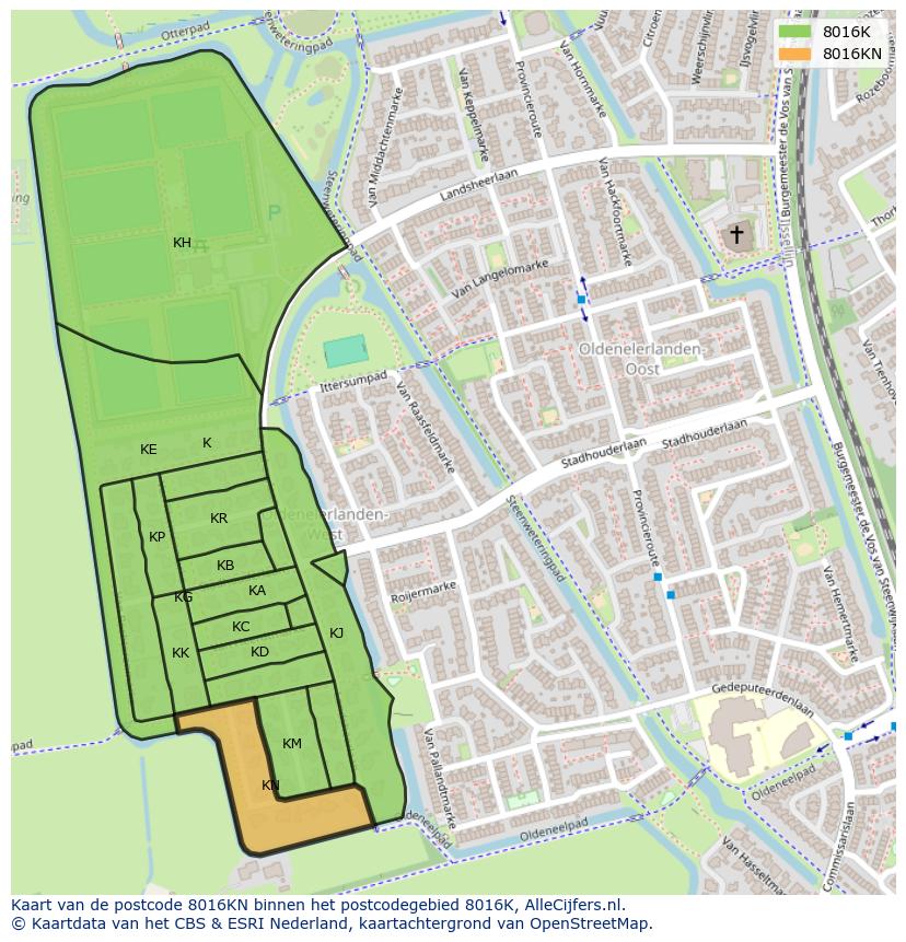Afbeelding van het postcodegebied 8016 KN op de kaart.