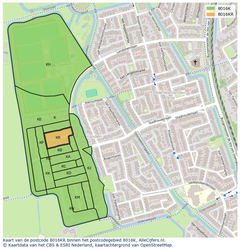 Afbeelding van het postcodegebied 8016 KR op de kaart.
