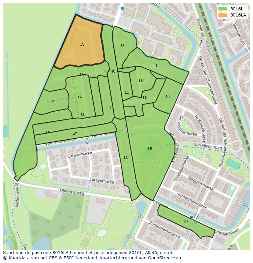 Afbeelding van het postcodegebied 8016 LA op de kaart.