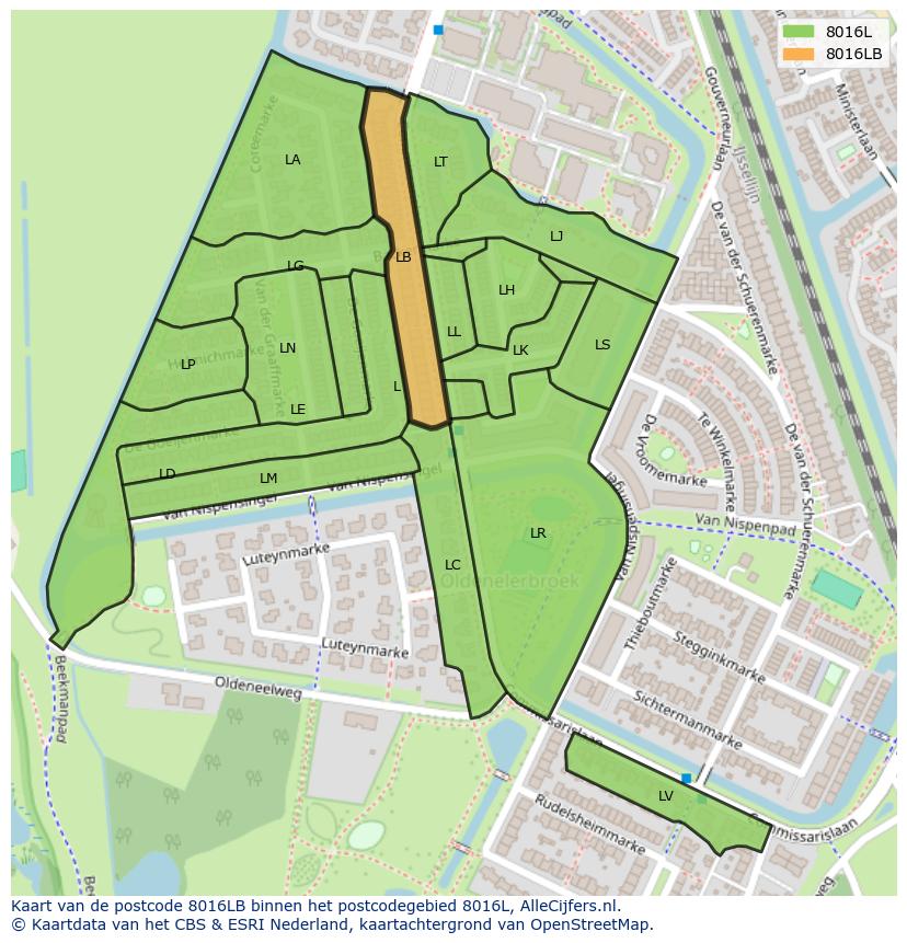 Afbeelding van het postcodegebied 8016 LB op de kaart.