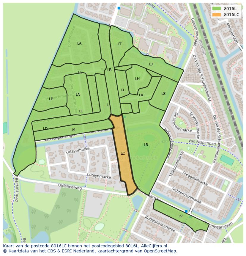 Afbeelding van het postcodegebied 8016 LC op de kaart.