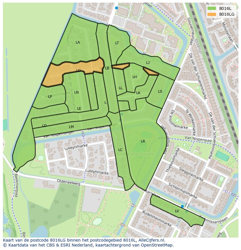 Afbeelding van het postcodegebied 8016 LG op de kaart.