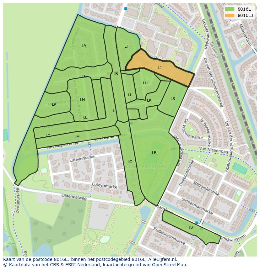 Afbeelding van het postcodegebied 8016 LJ op de kaart.