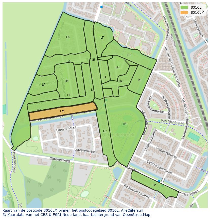 Afbeelding van het postcodegebied 8016 LM op de kaart.