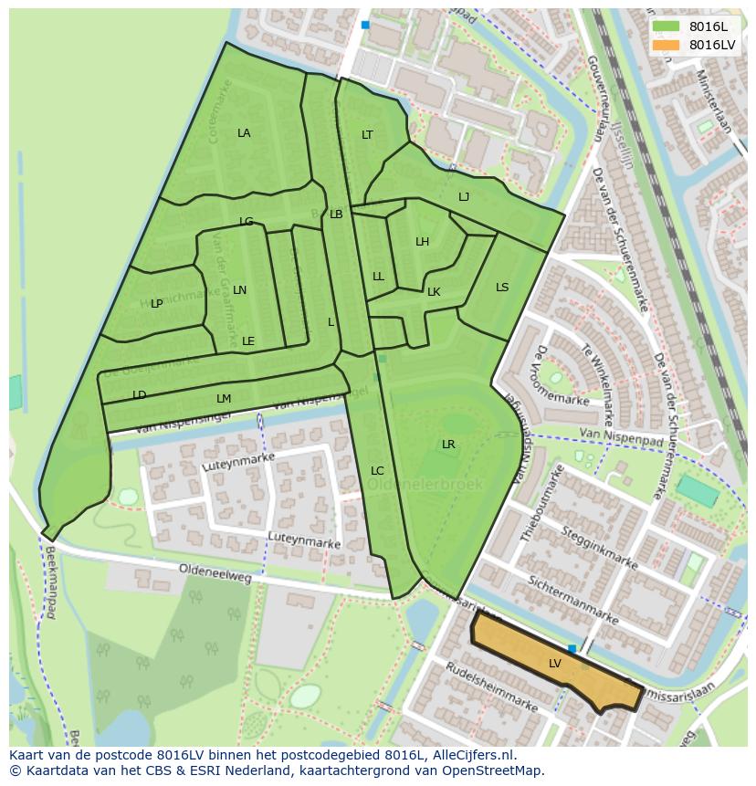 Afbeelding van het postcodegebied 8016 LV op de kaart.