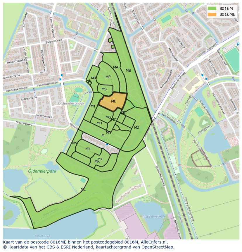 Afbeelding van het postcodegebied 8016 ME op de kaart.