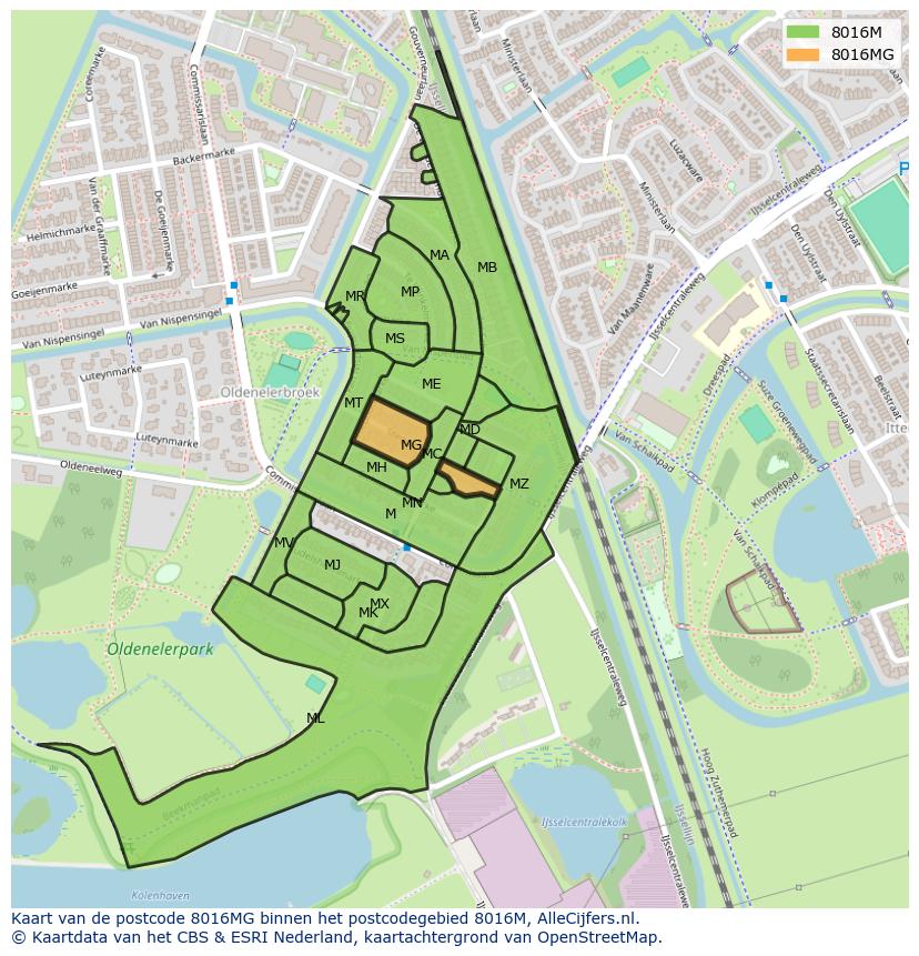 Afbeelding van het postcodegebied 8016 MG op de kaart.