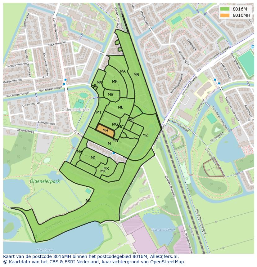 Afbeelding van het postcodegebied 8016 MH op de kaart.
