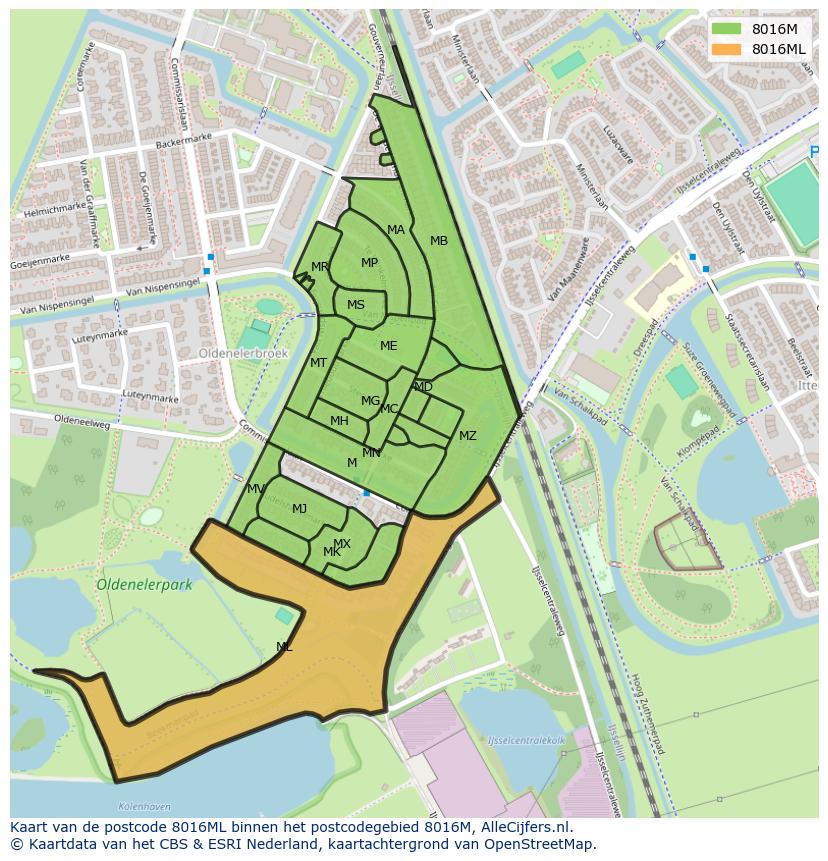 Afbeelding van het postcodegebied 8016 ML op de kaart.