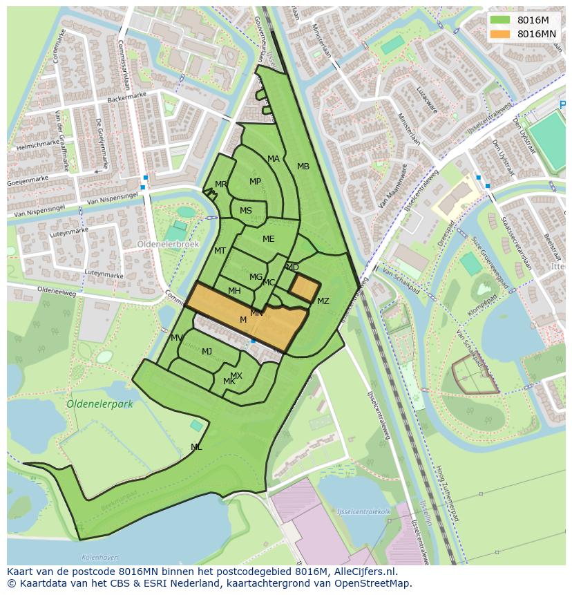 Afbeelding van het postcodegebied 8016 MN op de kaart.