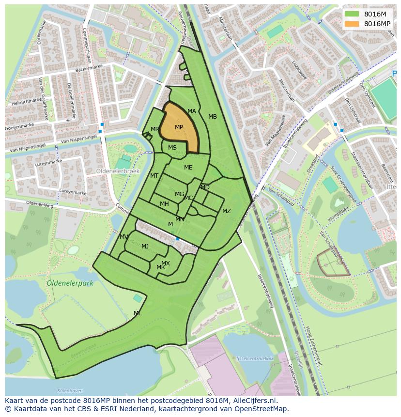 Afbeelding van het postcodegebied 8016 MP op de kaart.