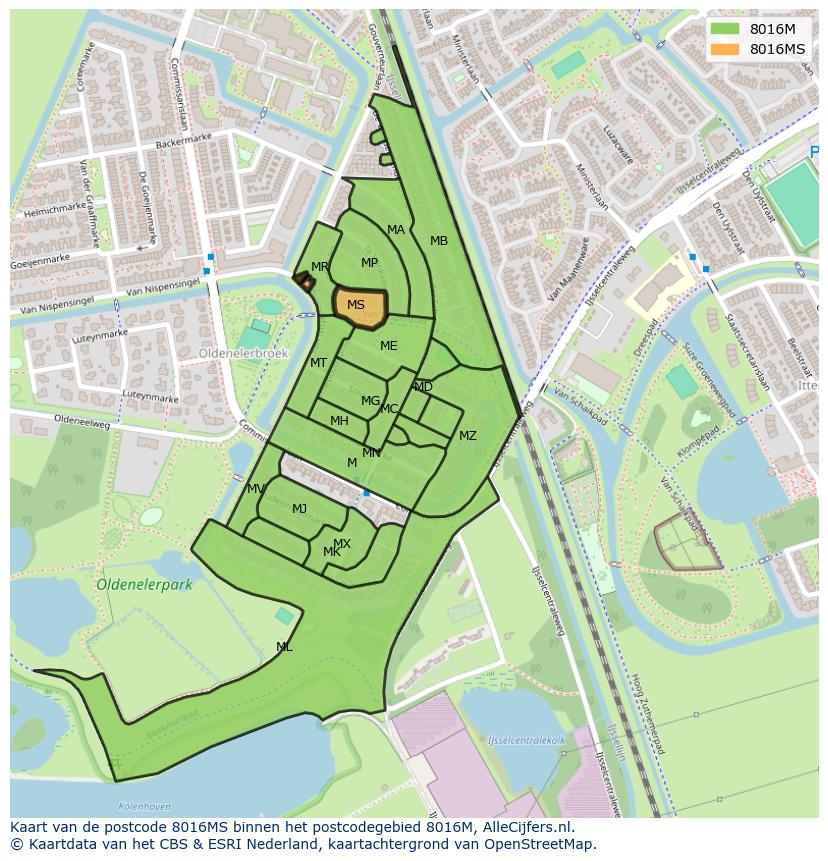 Afbeelding van het postcodegebied 8016 MS op de kaart.