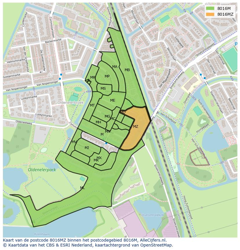 Afbeelding van het postcodegebied 8016 MZ op de kaart.
