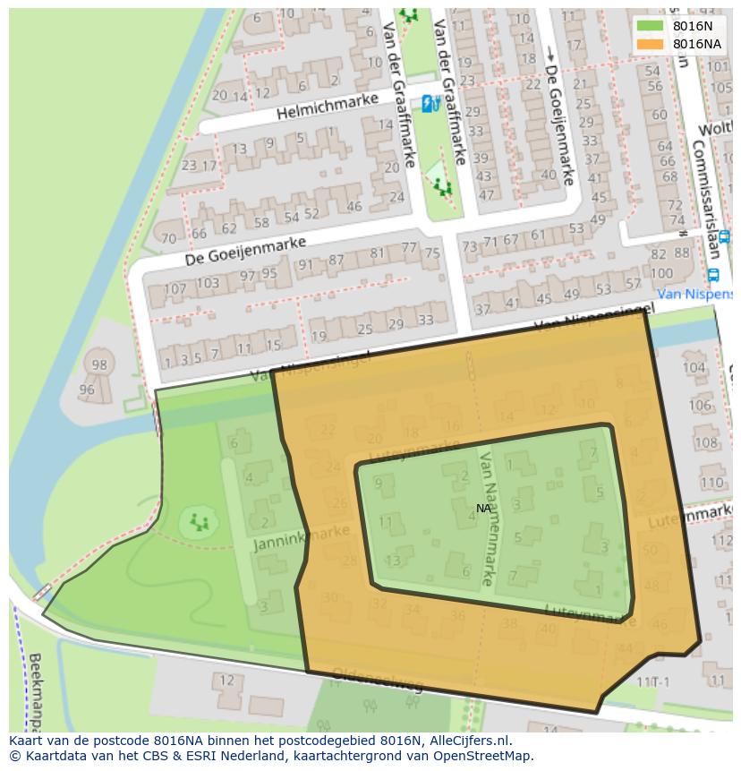 Afbeelding van het postcodegebied 8016 NA op de kaart.