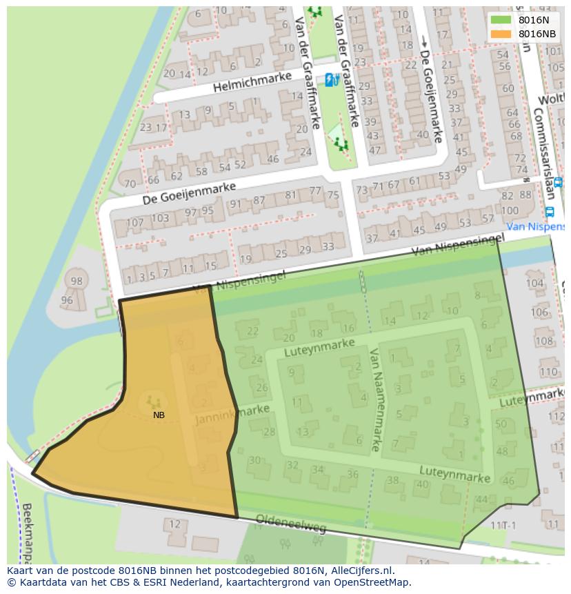 Afbeelding van het postcodegebied 8016 NB op de kaart.