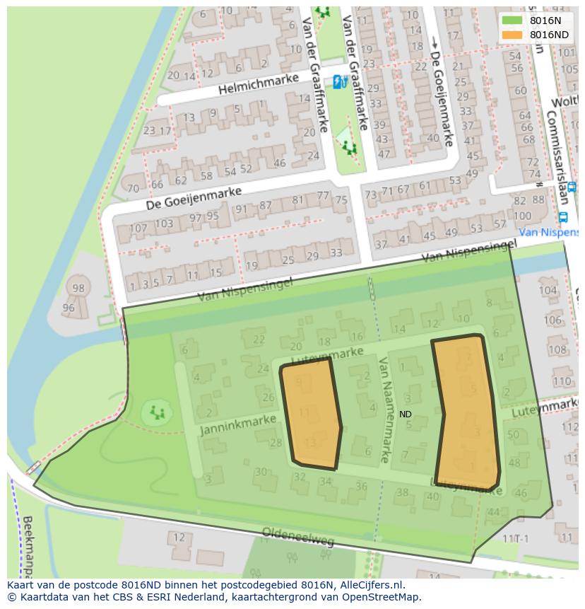 Afbeelding van het postcodegebied 8016 ND op de kaart.