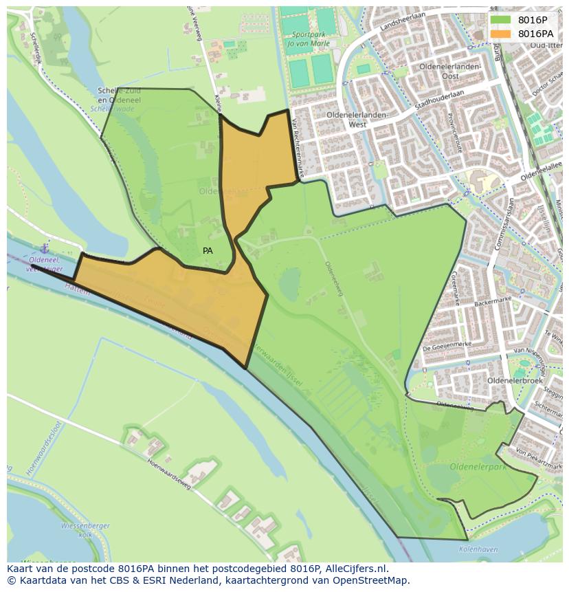 Afbeelding van het postcodegebied 8016 PA op de kaart.