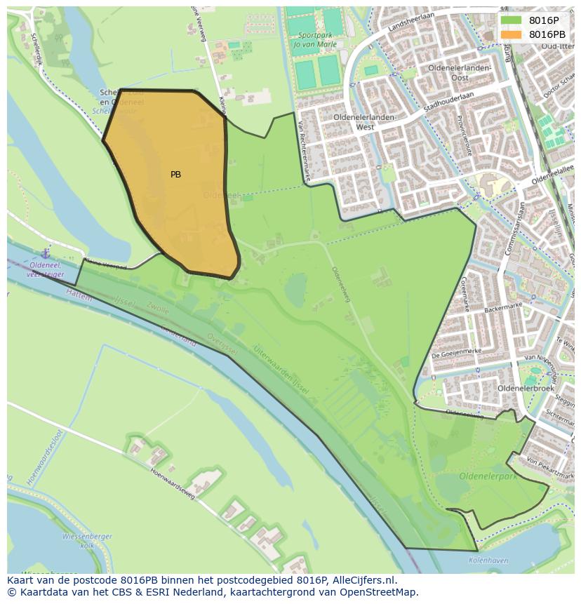 Afbeelding van het postcodegebied 8016 PB op de kaart.