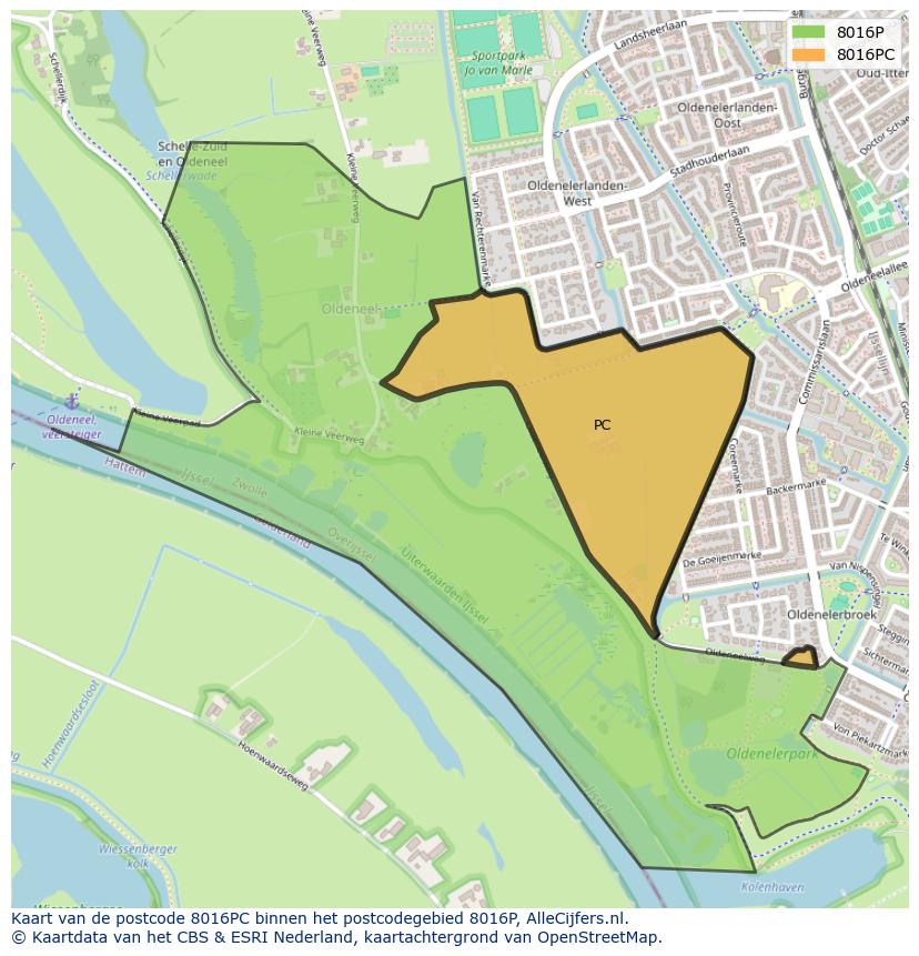 Afbeelding van het postcodegebied 8016 PC op de kaart.
