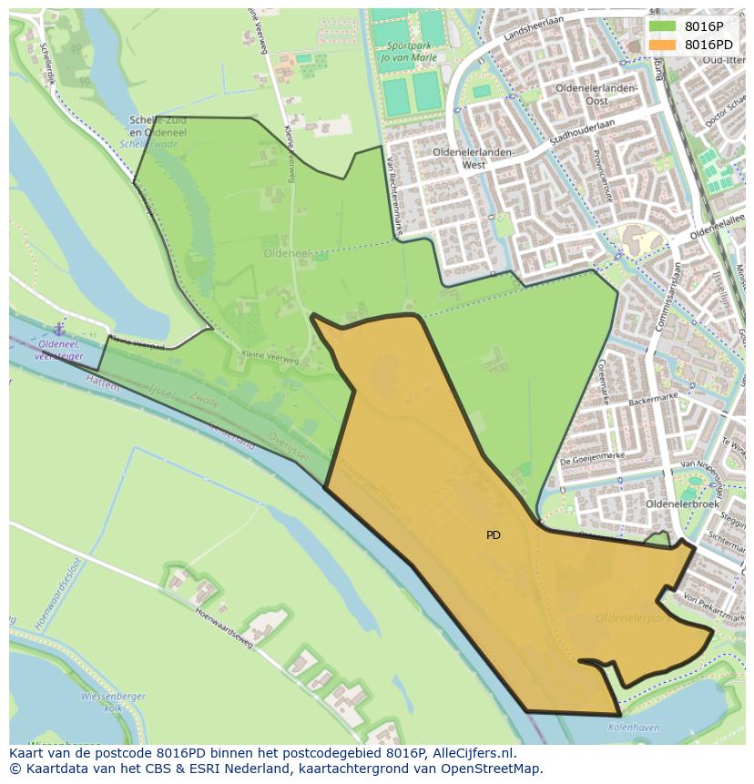 Afbeelding van het postcodegebied 8016 PD op de kaart.
