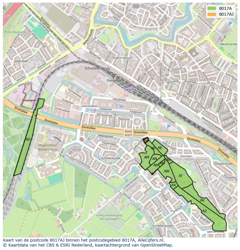 Afbeelding van het postcodegebied 8017 AJ op de kaart.