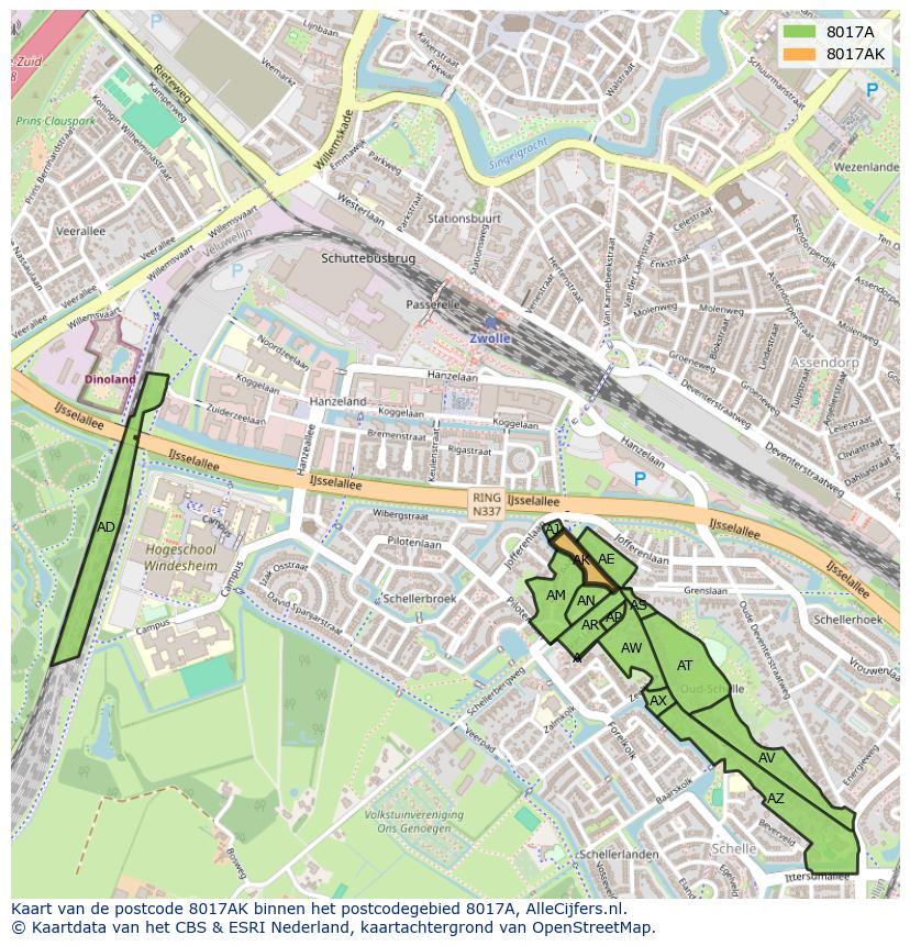 Afbeelding van het postcodegebied 8017 AK op de kaart.