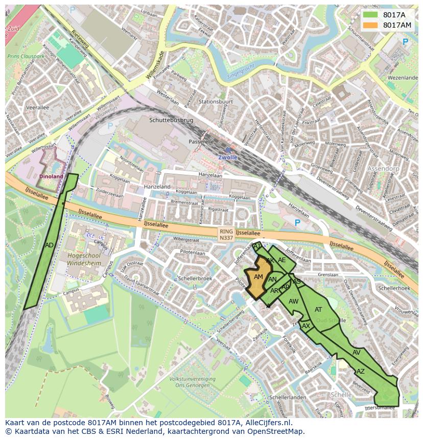 Afbeelding van het postcodegebied 8017 AM op de kaart.