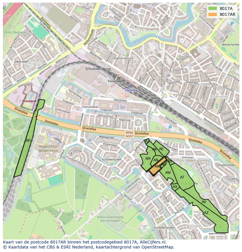 Afbeelding van het postcodegebied 8017 AR op de kaart.